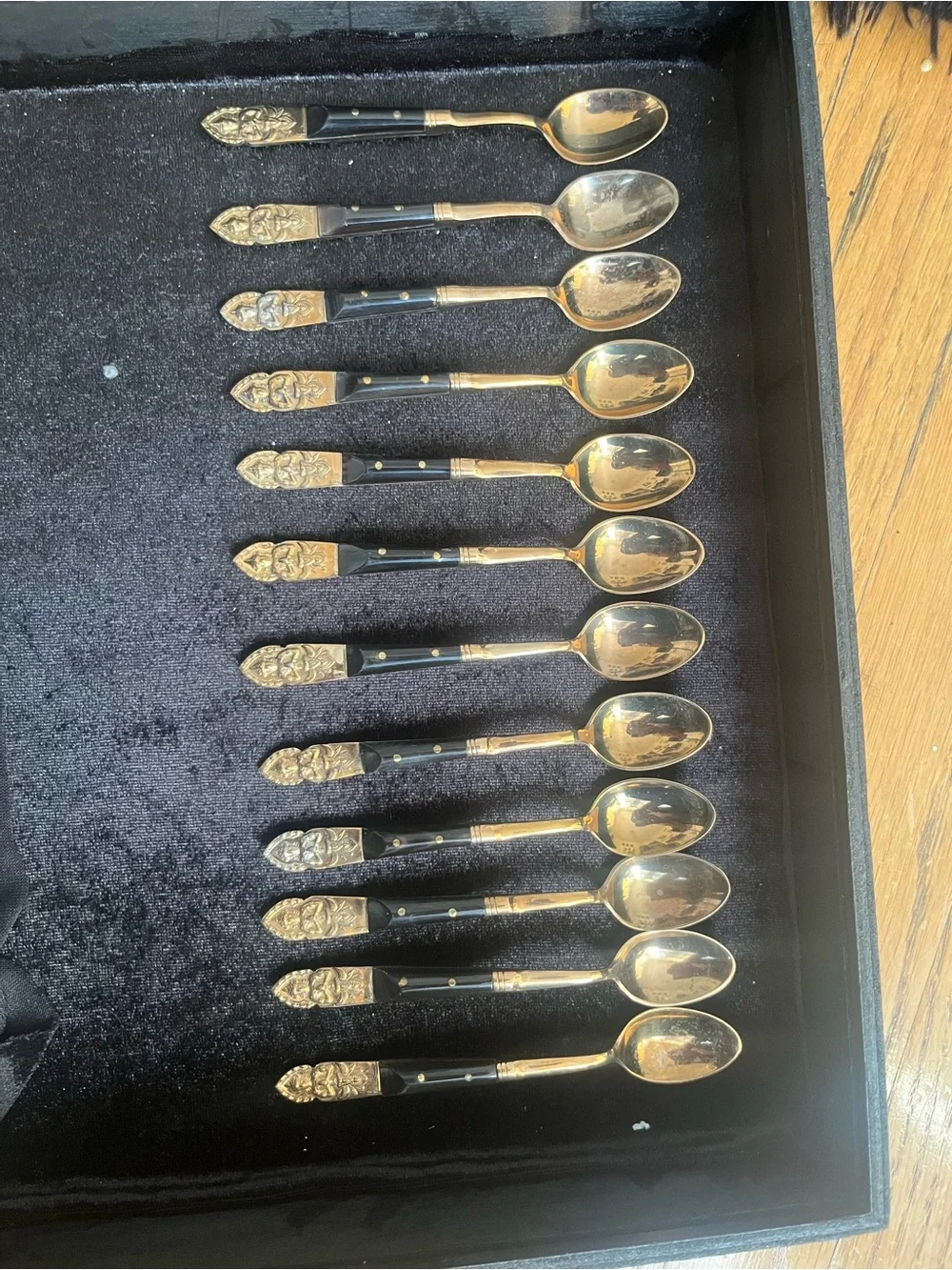 Set of 12 Vintage Thai Buddha Brass Horn Teaspoon Set Gold and Black Demitasse